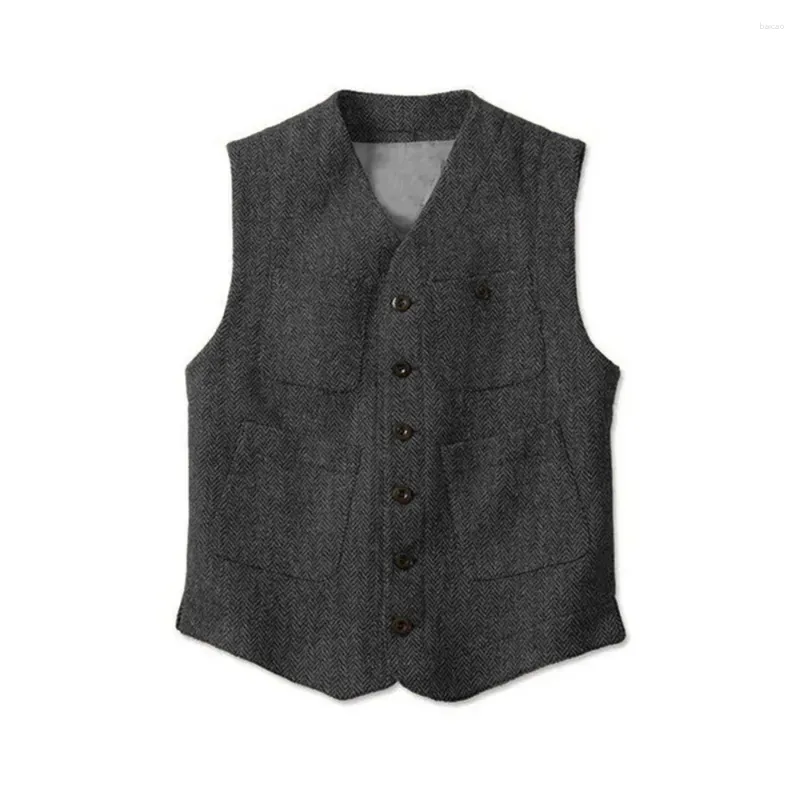 Gilet da uomo Gilet senza maniche Uomo Matrimonio Retro Scollo a V Tweed a spina di pesce Gilet monopetto casual