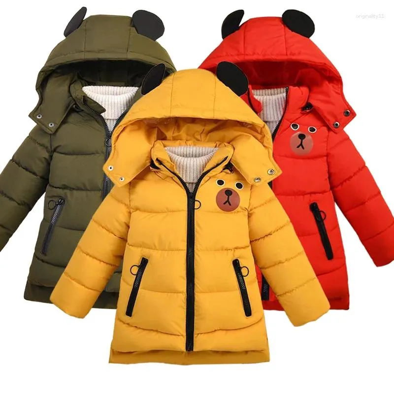 Куртки 2023, модная куртка для маленьких мальчиков, осенне-зимняя куртка с мультяшным медведем, утепленное пуховое пальто с капюшоном для детей 1-6 лет, детская верхняя одежда