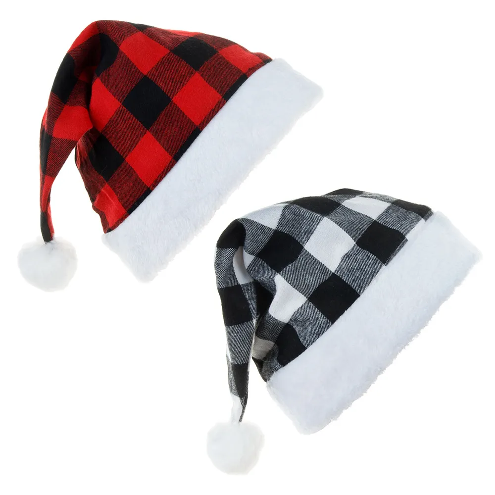Chapeau de fête de décoration de noël, chapeau de noël rouge noir blanc grille en peluche