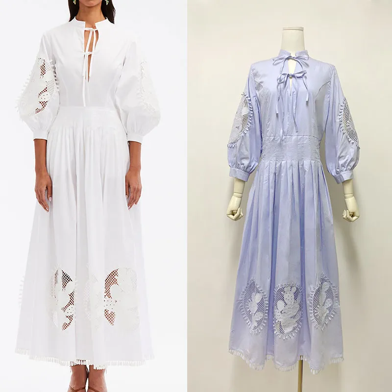 Australian Designer Dress Autumn New Style, Standing Neck Lantern Sleeves Embroidered Hollow Out Long Dress Women's Long Dress