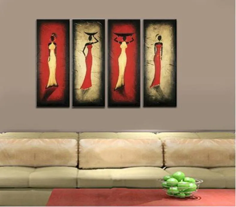 Ręcznie malowany obraz olejny na płótnie Streszczenie Afryka Kobiety obrazy domowe dekoracja ścian sztuki 4 paniel zdjęcia set5175850