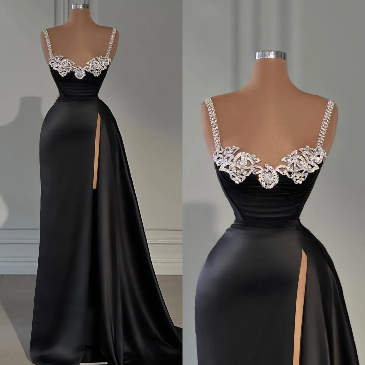 Black Sheath Evening Gown Beaded Straps Crystal Neck Party Prom Dresses Split Formal Long Dress for special occasion