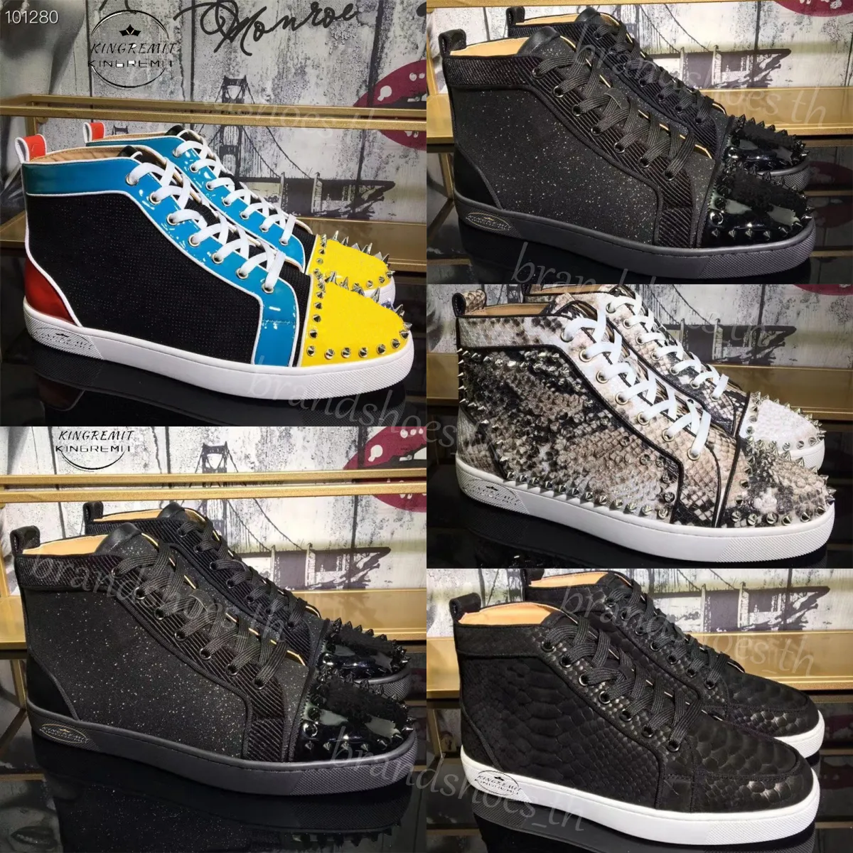 Designer sapato homens tênis mulheres formadores de alta superior sapato rebite cravejado picos tênis plataforma de borracha treinador camurça couro sneaker sapatos de luxo