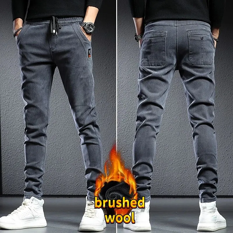 Mens Jeans Autumn Winter Baggy Man Brushed Thicken Wool Plush Cowboy Black Korean Designer Clothing Cargos Drawstring Slim Trousers 231027