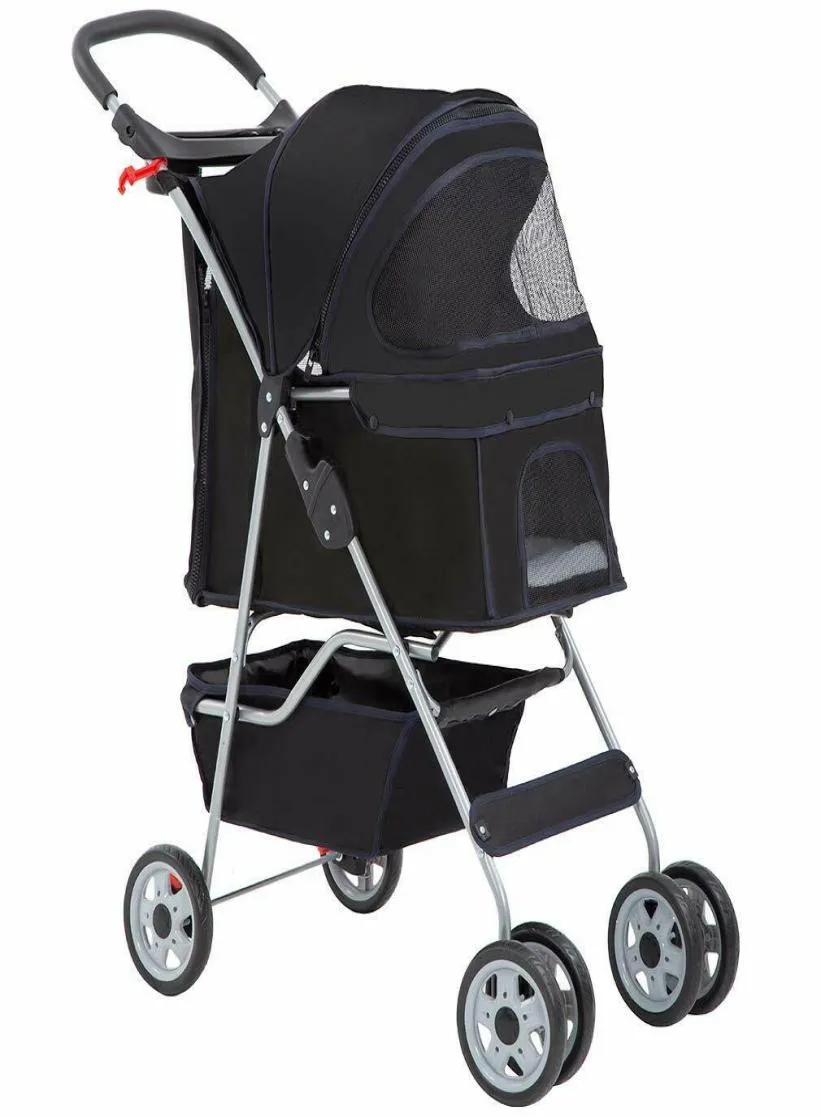 Black Folding Enclosed Pet Stroller With 4 Wheels For Cats And Dogs