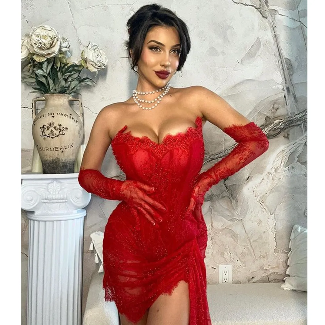 Sexy courte dentelle rouge sirène sans manches robe de bal femmes robes à anniversaire robes de soirée cocktail corset sans bretelles asymétrique mini robe