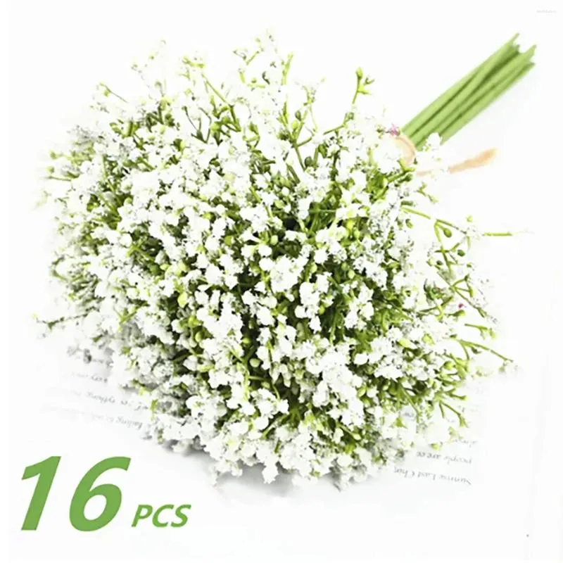 Fleurs décoratives artificielles, 16 pièces, souffle de bébé, pour décoration, Bouquet de gypsophile, Arrangement floral, blanc clair