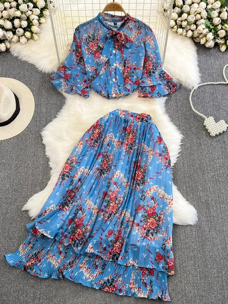 Work Dresses Summer Bohemian Women Chiffon Two Piece Set Elegant Bow Collar Flare Sleeve Short Tops Pleated Midi Skirt 2Pcs Suit Female