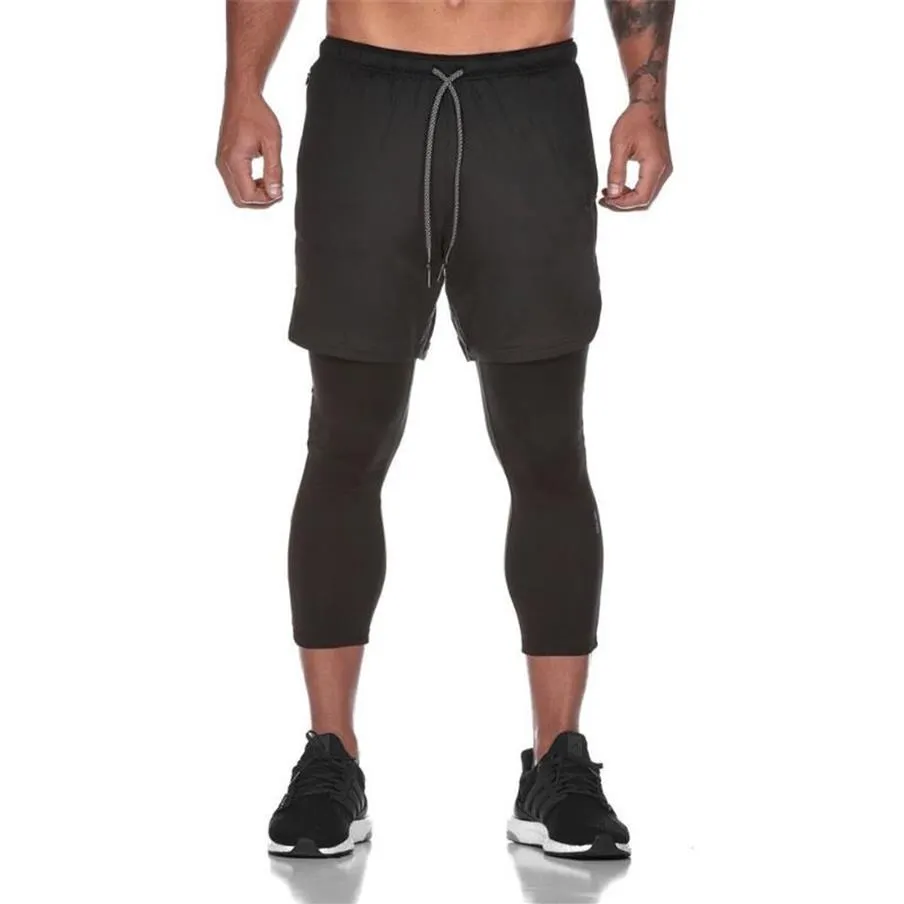 Joggers pantalons de survêtement hommes 2 en 1 pantalon slim Leggings courts Double couche vêtements de sport hommes gymnases Fitness poche intégrée pantalon de survêtement266m