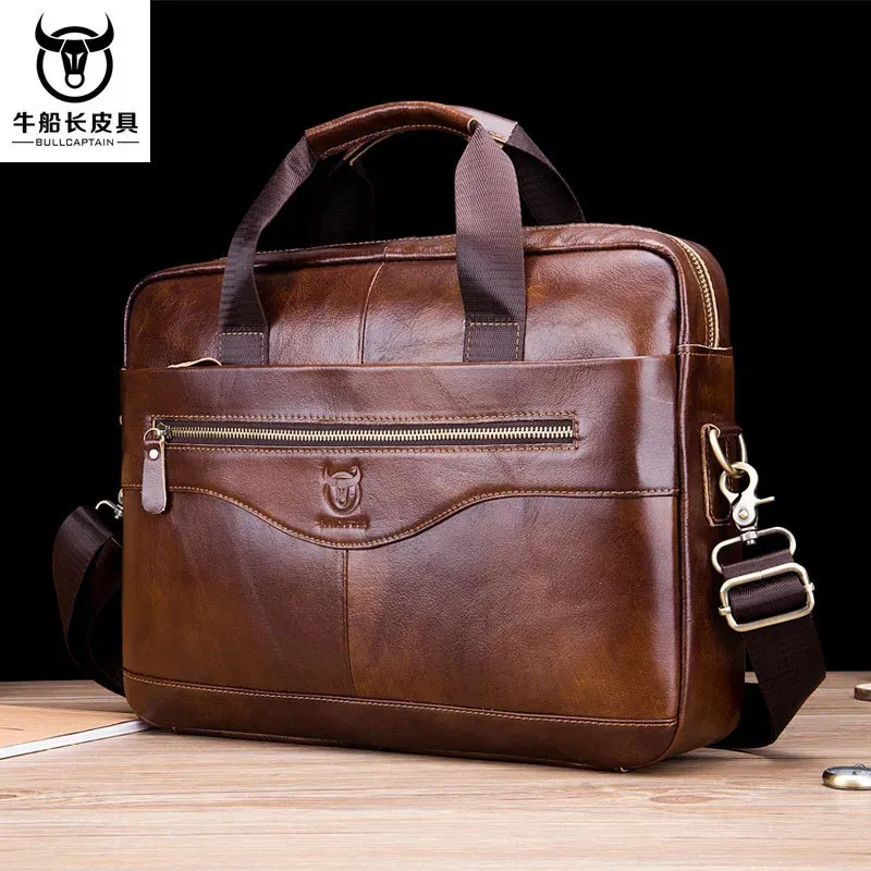 Briefcases BULLCAPTAIN Cow Leather Briefcase Men Handbags High Quality Business Laptop Massager Bag Men Brand Real Leather Handbags 231030