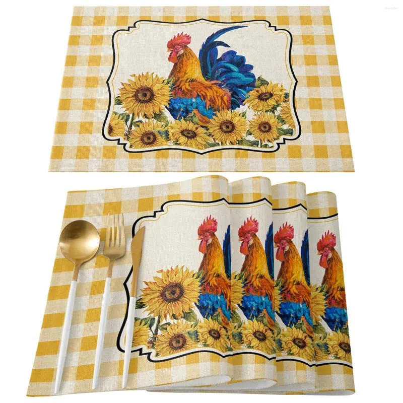 Tapis de Table à carreaux jaunes, poulet, tournesol, ferme, napperon pour fête de mariage, vacances, accessoires de cuisine, serviette