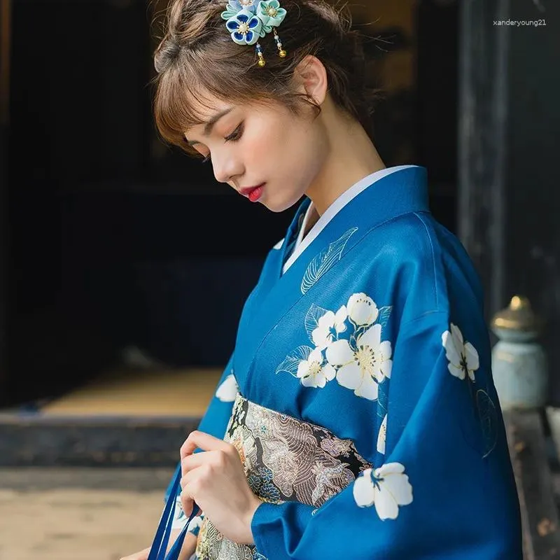 Roupas étnicas 2023 Azul Flores Brancas Impressas Japonês Kimono Yukata Literário Vintage Melhorado Vestido Formal