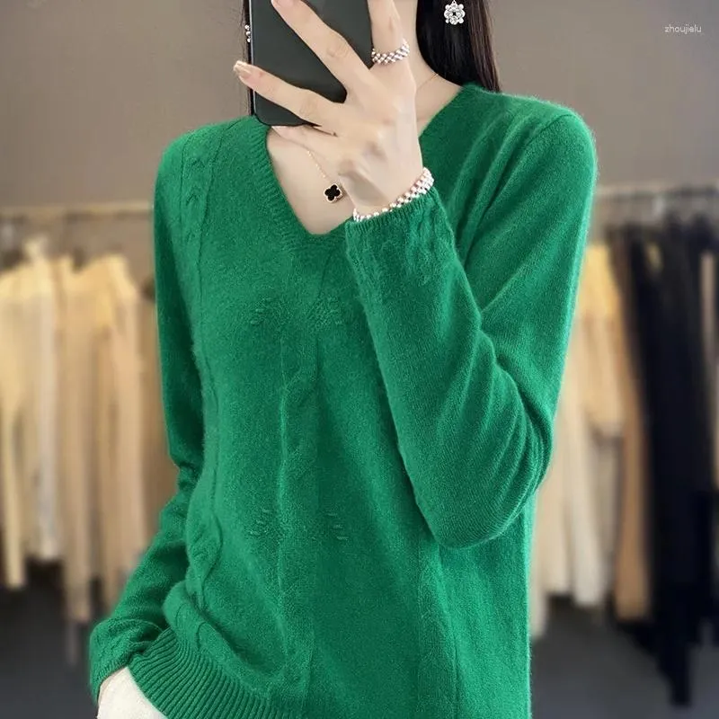 Women's Sweaters Autumn Winter Pure Wool Sweater Woman V-neck Twisted Jacquard Pullover Casual Knitted Basis Top Cashmere Female Knitwear