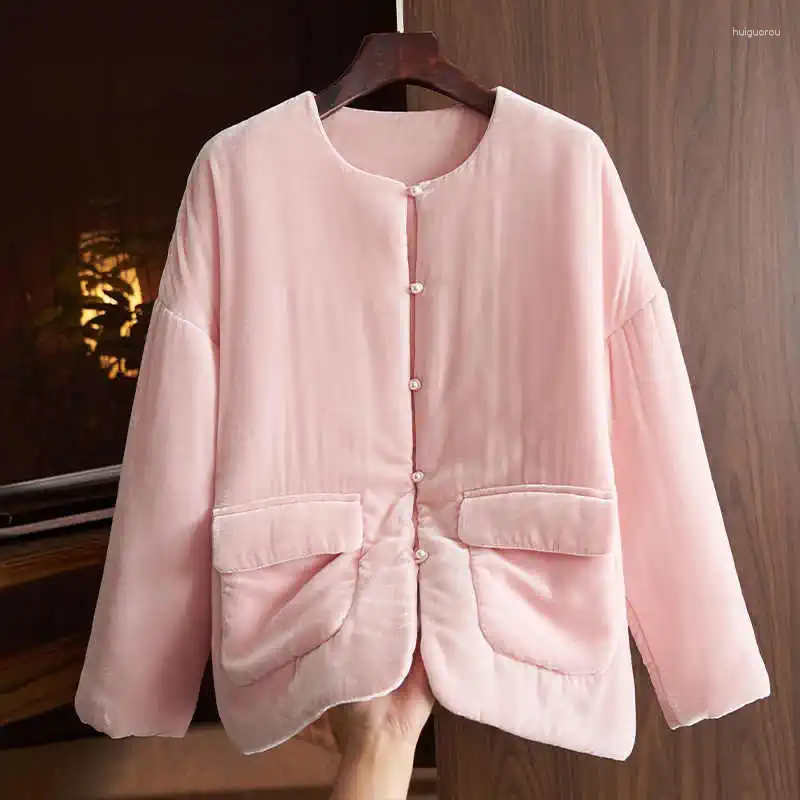 Women's Trench Coats High End Silk Velvet Cotton Coat Winter Street Style O-Neck Pearl Button Pocket Elegant And Luxurious Jacket Ladies