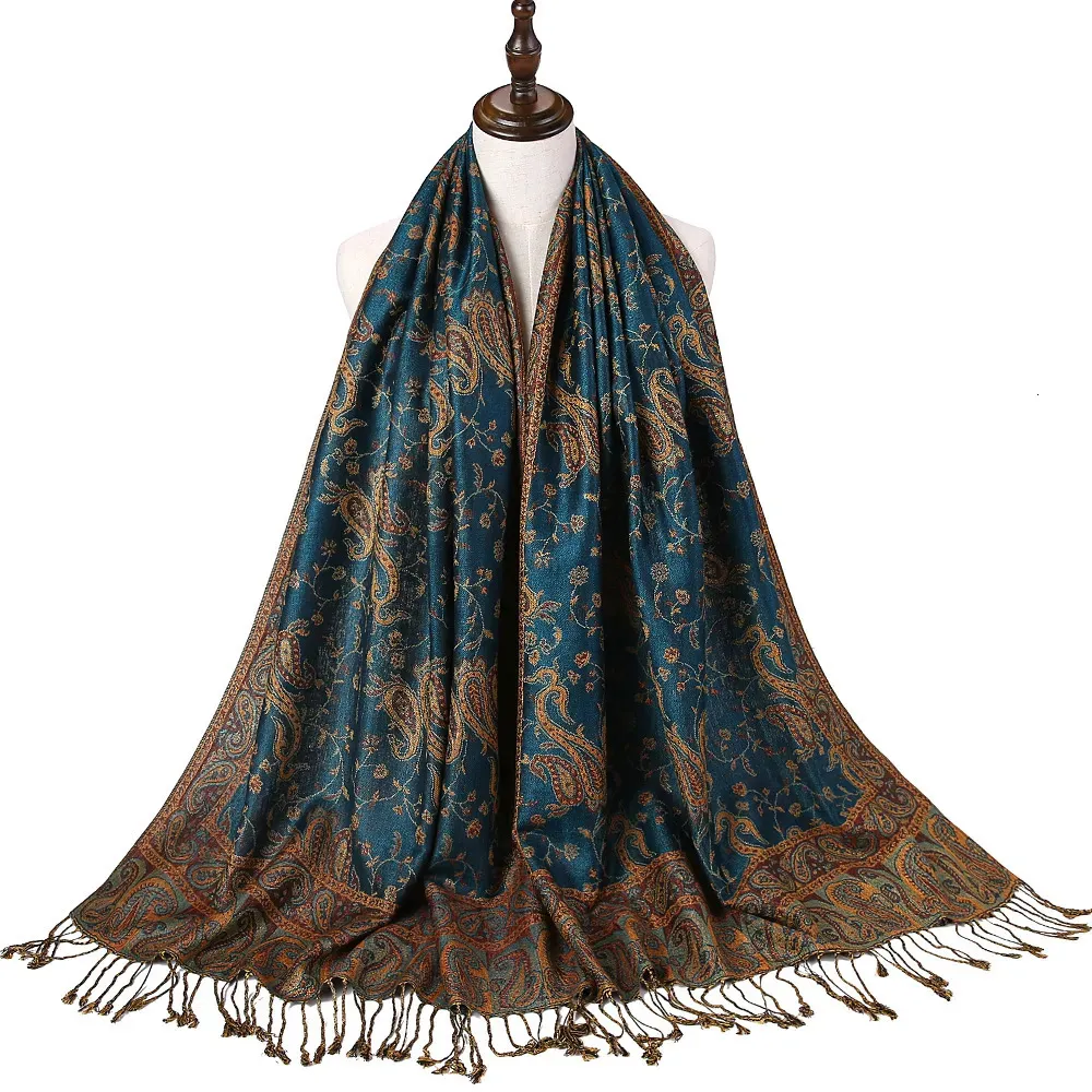 Sciarpe Pashmina Sciarpa di seta Scialle Avvolgente Paisley Jacquard Fiori Bordi Rave 2 strati Reversibili Nappe classiche per donna 70X180 cm 200 g 231027