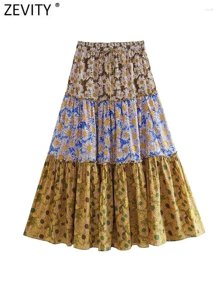 Rokken ZEVITY Damesmode Patchwork Bloemenprint Plooi Ruches Een Lijn Midi Rok Vrouwelijke Elastische Taille Strik Vastgebonden Vestidos Mujer QUN4507