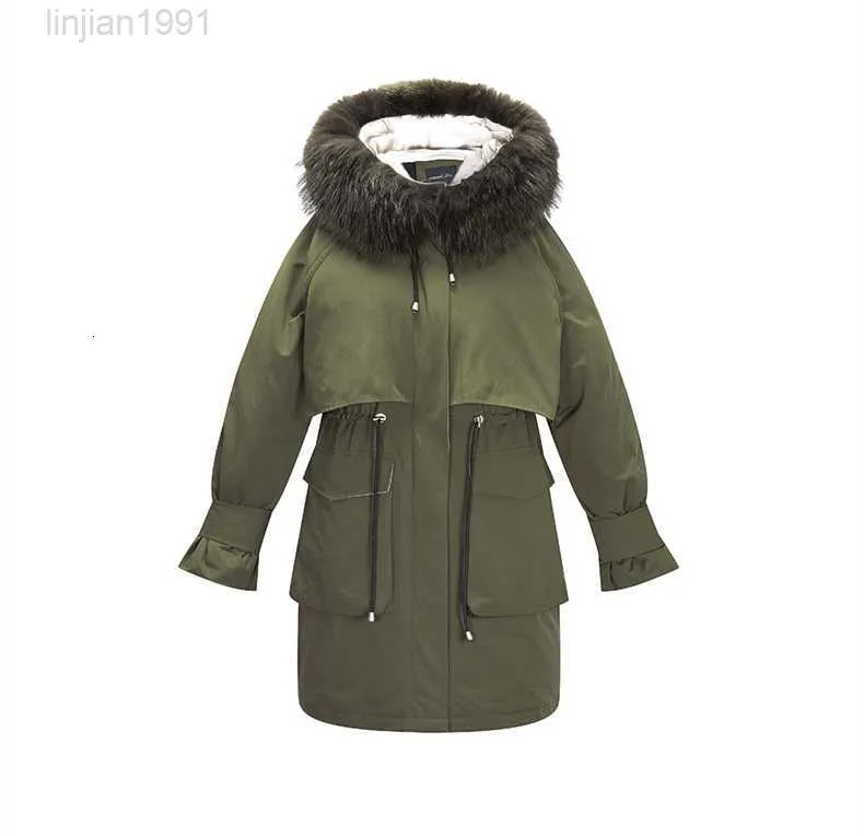 2023European and American Female Fashion Tooling Down Loose Hooded Large Fur Collar Medium Long