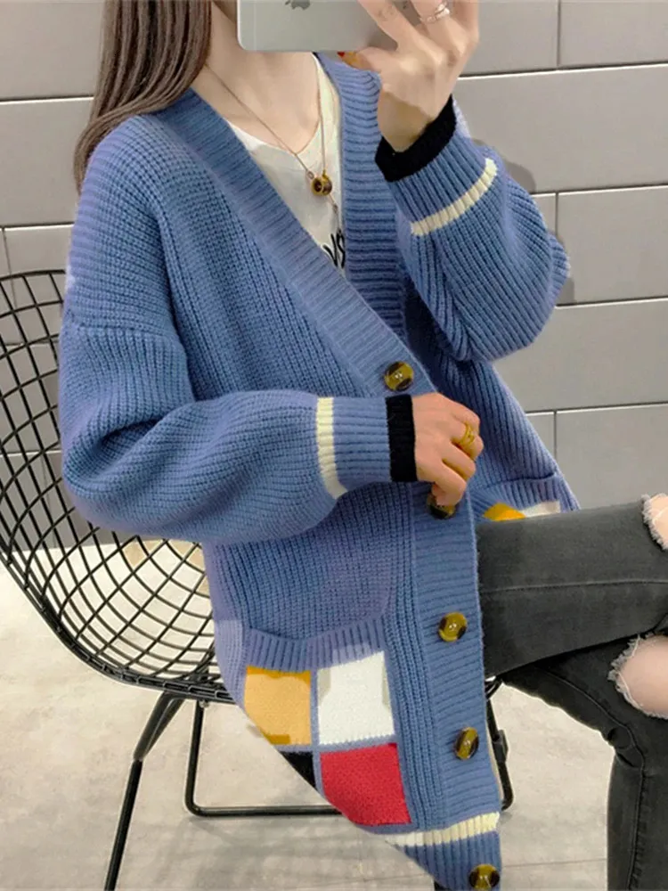 Women's Knits Tee Sweater Cardigans Plaid Color Contrast Autumn Winter Knitted Korean Loose Oversize Long Sleeve Elegance Sweet Casual Coats 231027