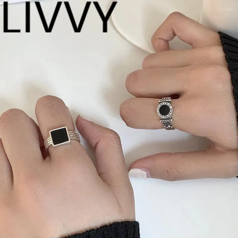 Anillos de racimo LIVVY Tendencias de verano Color plata Joyería de compromiso de dedo para mujeres Hombre Creativo Círculo negro Accesorios de fiesta Regalos