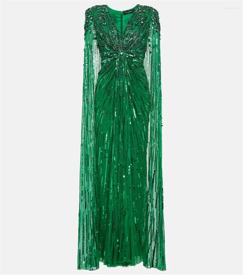 Party Dresses Women's Green Deluxe Pärlade spets Glitter-paljetter Evening Shawl Long Sleeve A-Line V-Neck Formell tillfälle klänningar