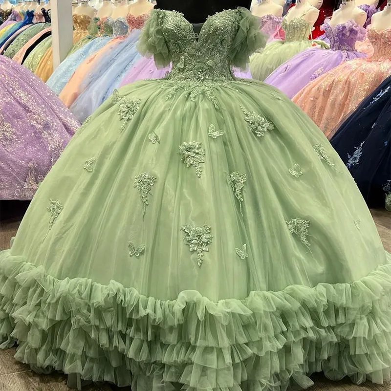 sage green quinceaera dress Vizcaya Quinceanera 89471 and embroidery Light green and gold quinceanera