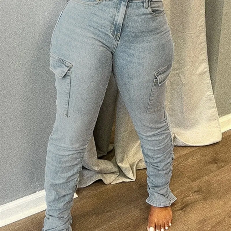 Pantalon grande taille pour femmes LW, taille haute, poche à rabat latéral, Jean Cargo, fermeture éclair, Design froncé, décontracté, slim, Long, 231027