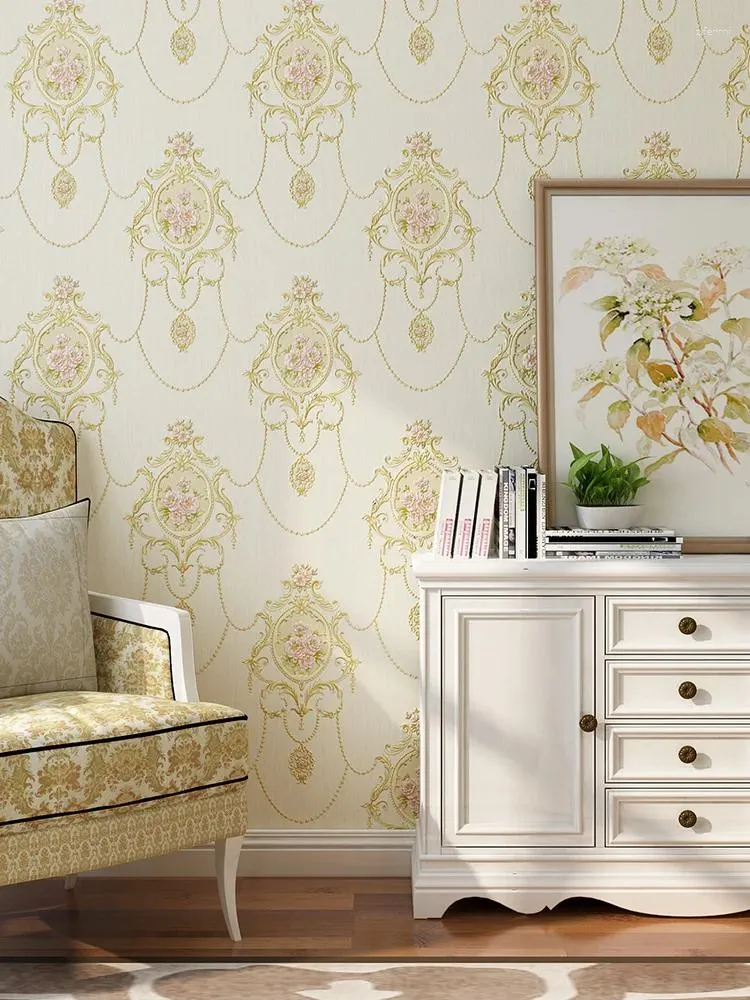 Wallpapers 3D Pastoral Flower Non-woven Wallpaper Light Yellow European Bedroom Living Room Sofa TV Background Papel De Parede