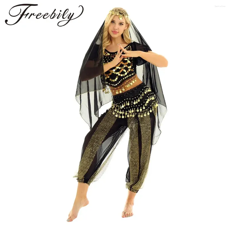 Scene Wear Women Belly Dance Costume Tank Top med Harem Pants Hip Scarf Halloween Carnival India Arabian Performance Outfits