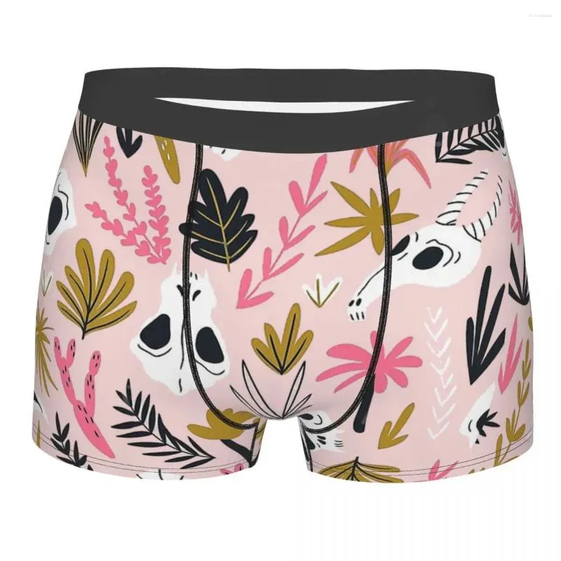 Caleçons fleurs et crânes plantes sur sable rose, culottes pour hommes, sous-vêtements imprimés, caleçons Boxer