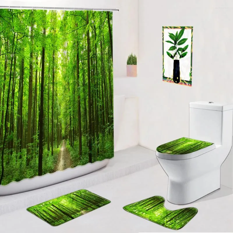 Tende da doccia Tenda da bagno verde foresta Tenda Set da quattro pezzi Tappeto da scenario in legno naturale Tappetino a forma di U Copriwater Tappeto
