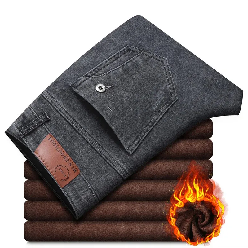 Jeans da uomo Uomo Inverno Termico Stretch Neve Caldo Peluche Slim Gamba stretta Grigio Papà in pile Denim Pantaloni lunghi Pantaloni di qualità coreana 231027