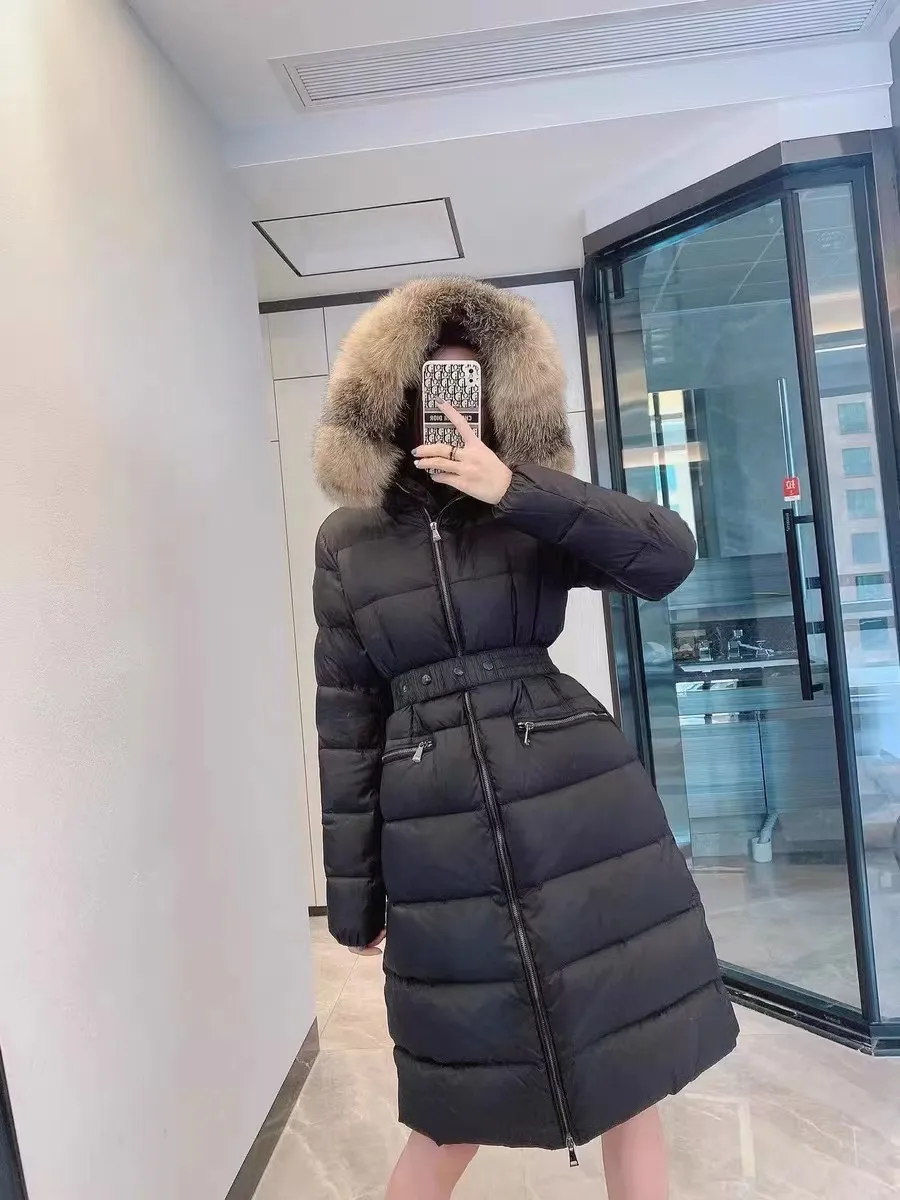 Designer Down Jacket For Women Winter Puffer Jacket Långa rockar Huva Big Natural Fur Ladies Down Parkas Fashion Ytterkläder Varma kvinnliga kläder Svart S-M-L-XL-storlek