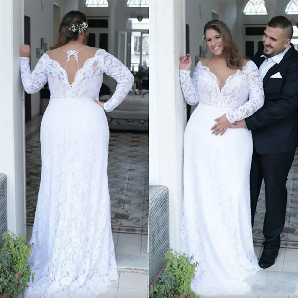 2023 Plus Size Wedding Dresses Deep V Neck Mante Vintage långa ärmar Bröllopsklänningar Brudklänningar Sop Train Spring Summer Wear Gown