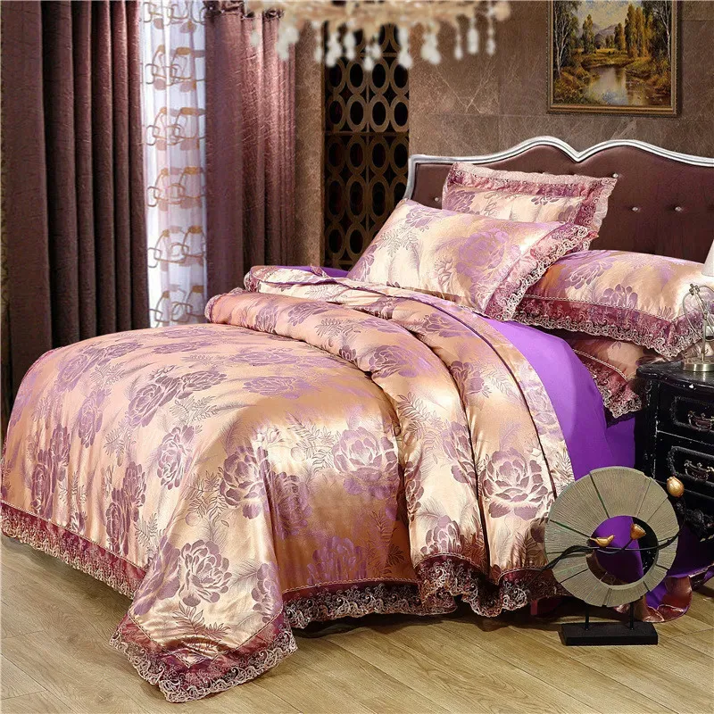 Beddengoed sets Nordic Satijn Jacquard Dekbedovertrek Set Luxe Bloem Adlut Quilt Kussenslopen Laken Twin Queen King Home Texiles 231030