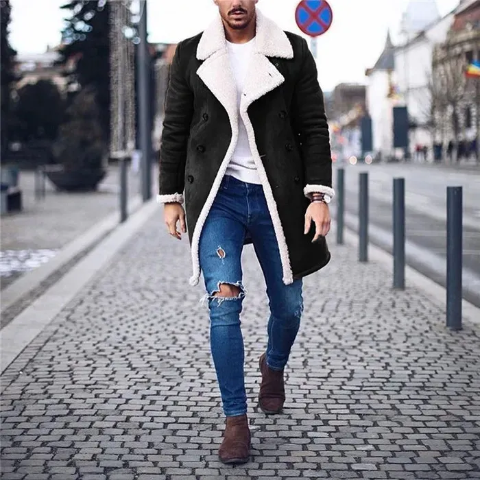 Men`s Trench Coats Mens Coat Jacket Warm Imitation Suede Long Windbreaker Fashion Winter Clothing