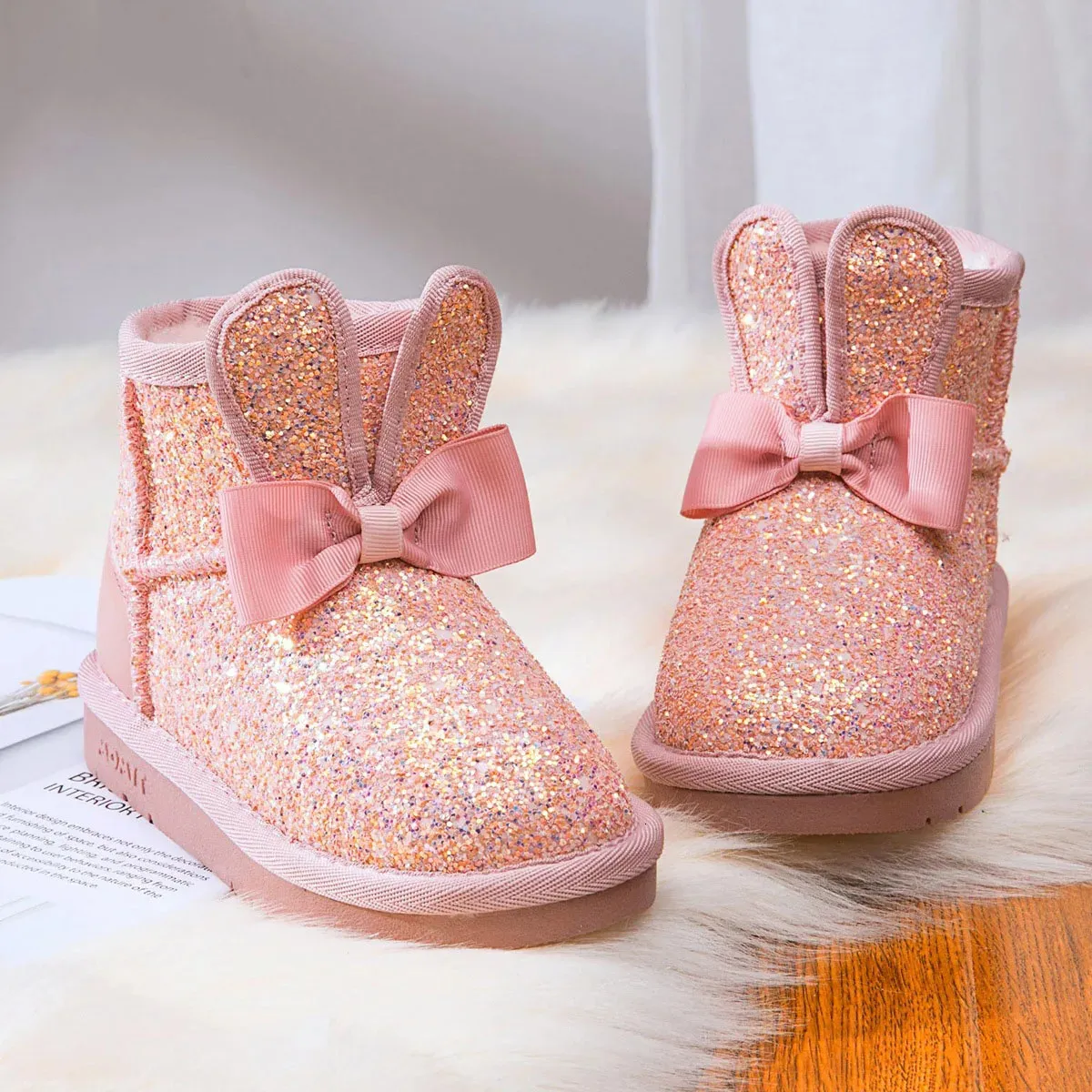Boots Children S Snow Boots Girls Rabbit päls varma baby bomullssportskor paljetter äkta läder prinsessor mode 231030