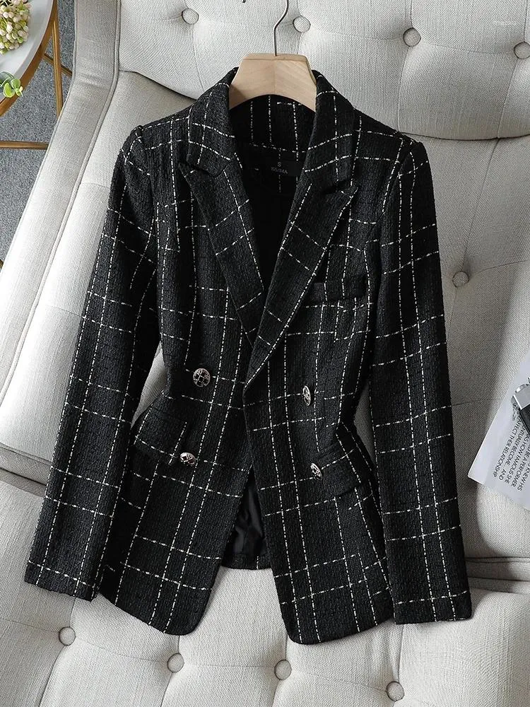 Costumes pour femmes noir blanc Plaid dames jolie pochette femmes automne hiver à manches longues Double boutonnage manteau veste