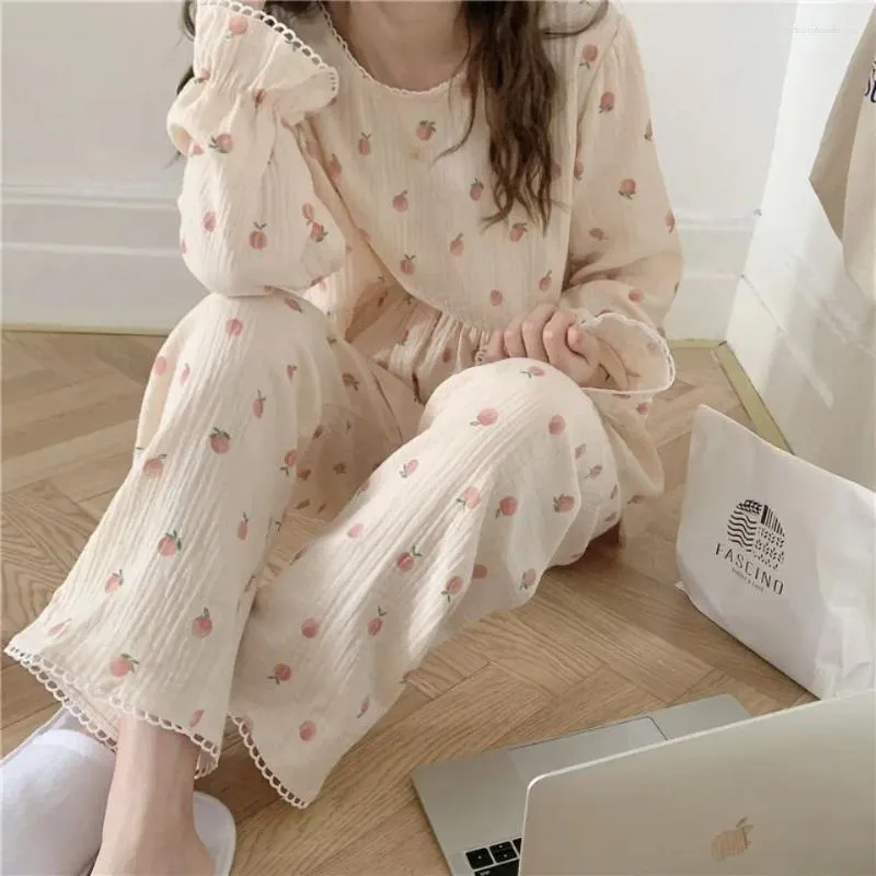 Dames Nachtkleding Perzikprint Dames Pyjama Sets Kant Lange Broek Pak 2 stuks Piiama Ruche Koreaanse stijl Volledige mouw Herfst Nachtkleding