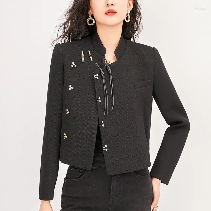 Women's Jackets Vintage Coats For Women Chinese Style Elegant Fashion Long Sleeve Black Jacket 30% Acetate Office Lady Suit Coat