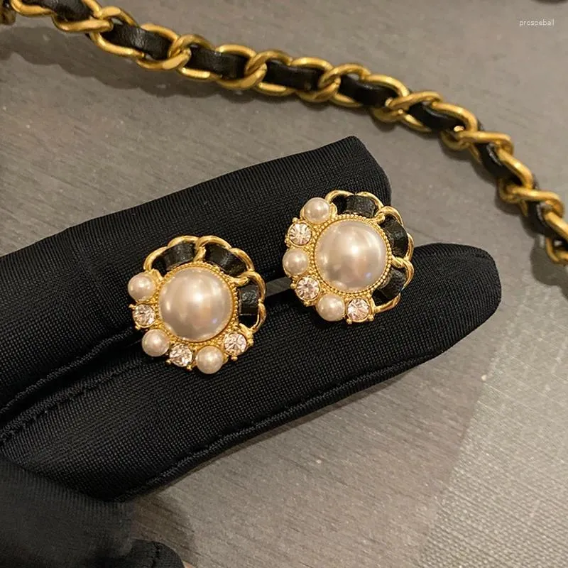 Stud Earrings Black Leather Crystal Pearl Jewelry For Women