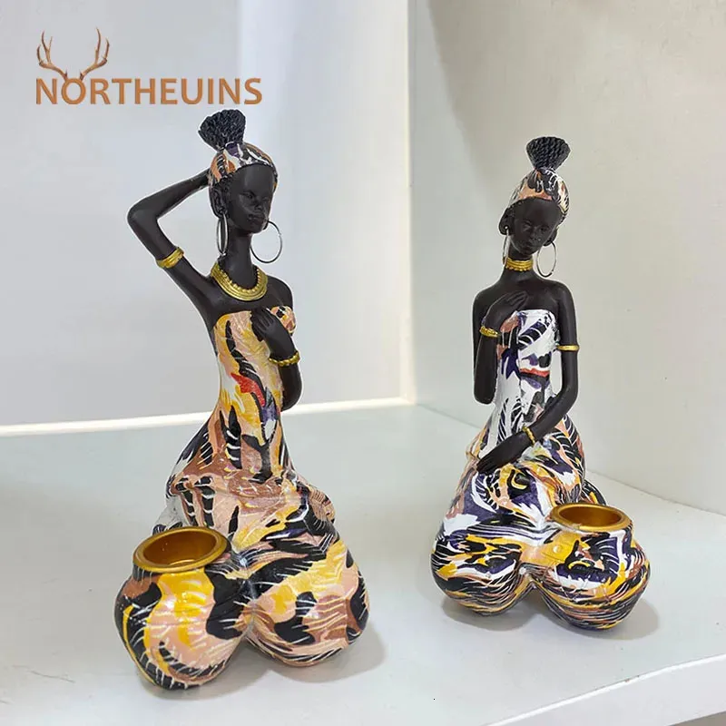 Oggetti decorativi Figurine NORTHEUINS Resina Donna nera Candeliere Statue esotiche africane Arte Lady Arredamento d'interni Accessori da tavolo Oggetto 231030