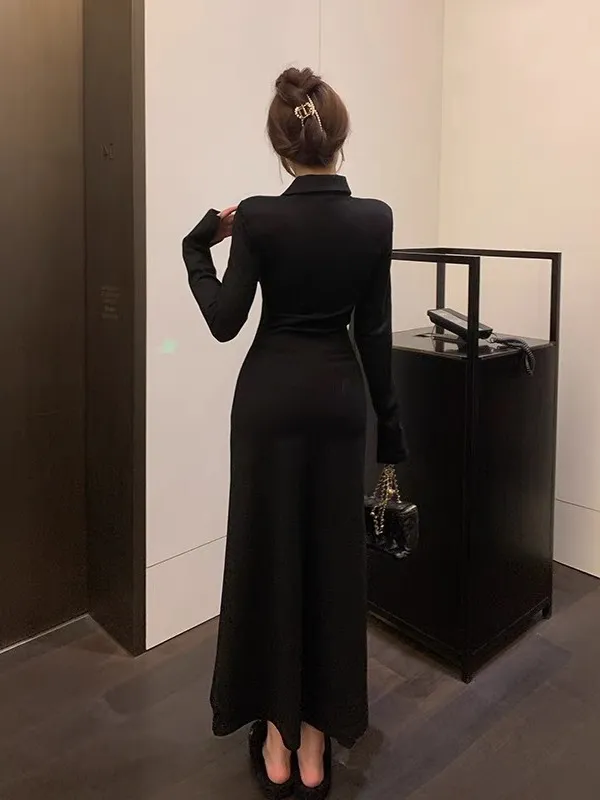 A-line black polyester skirt dress with lapel neck and long sleeves for  autumn commuting from Dhgate Street Style Dresses - price 24.12