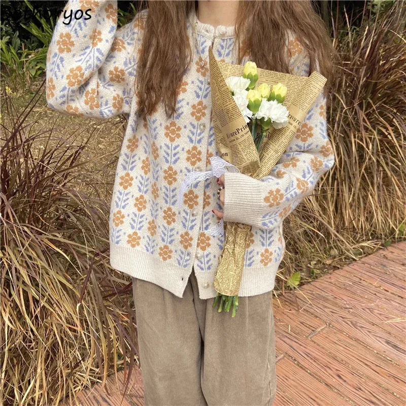 Women's Knits Tees Women Floral Cardigans O-neck Single Breasted Stylish Loose Casual Sweet Retro Sweaters Knitted Warm Tender Temperament S-3XL 231030