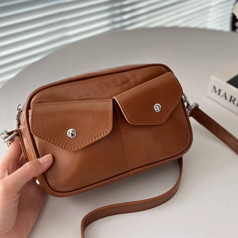 DHgate Brown Cowhide Leather Crossbody Bag with Exterior Pocket for Women Bags Luggage Accessories