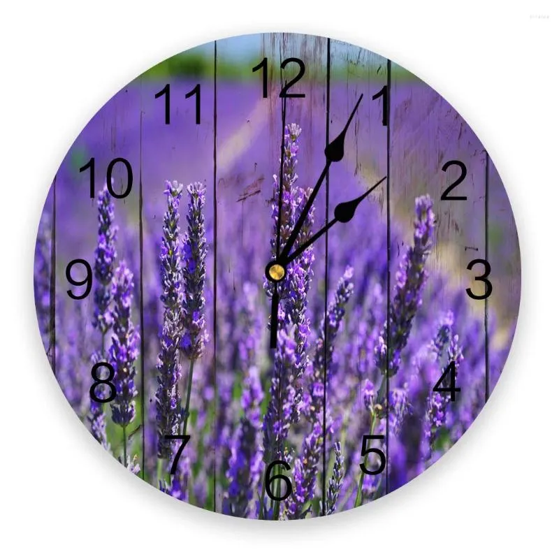 Horloges murales Fleurs de lavande violettes Texture en bois Horloge Design moderne Décoration de salon Montre muette Décor intérieur de la maison