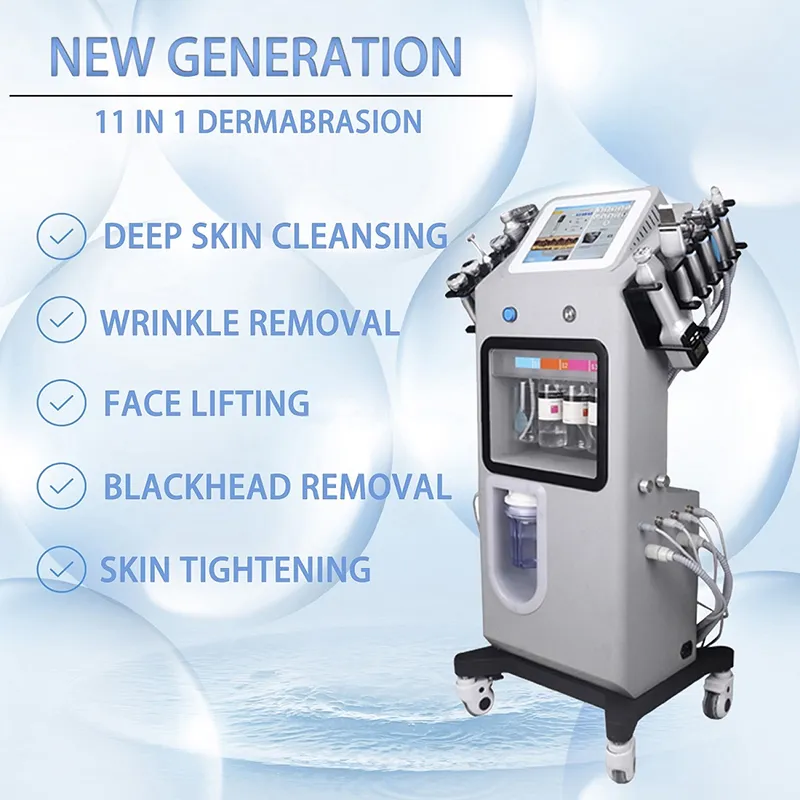 Machine de haute technologie Hydra Dermabrasion 11 en 1 pour rajeunissement de la peau, blanchiment de la mélanine, réduction du visage, hydratation des pores, rétrécissement de la poignée de glace, élimination des rougeurs, centre de Massage