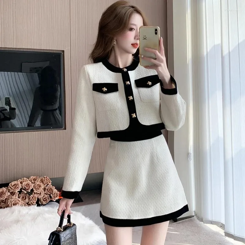Two Piece Set Elegant Red Tweed Short Jacket and High Waist Mini Skirt Office Set