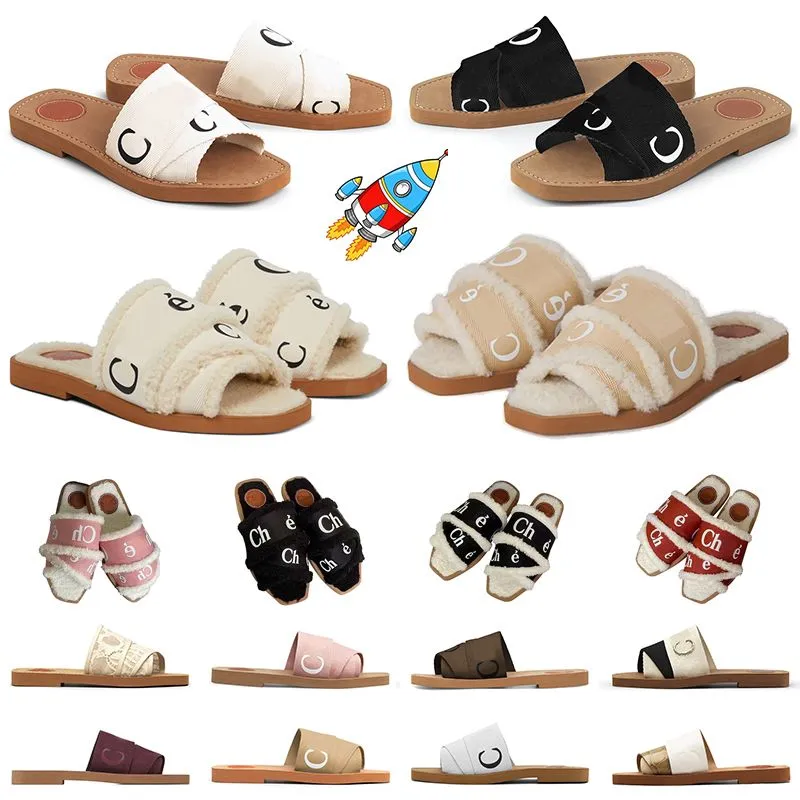 Gratis frakt päls toffel kvinnor woody platt mule tofflor berömda designer sandaler glider päls fuzzy plattform sandels vinter hus bussskor skum skjutreglage sandles