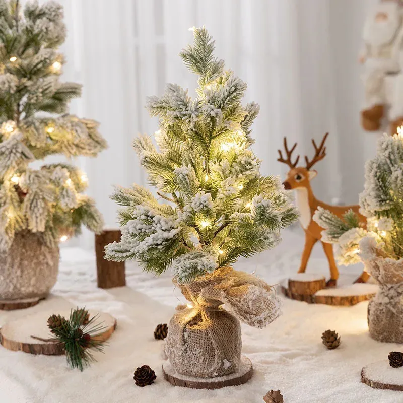 White Snowy Pine Xmas Tree With Flocked Ornaments And Burlap Tiny