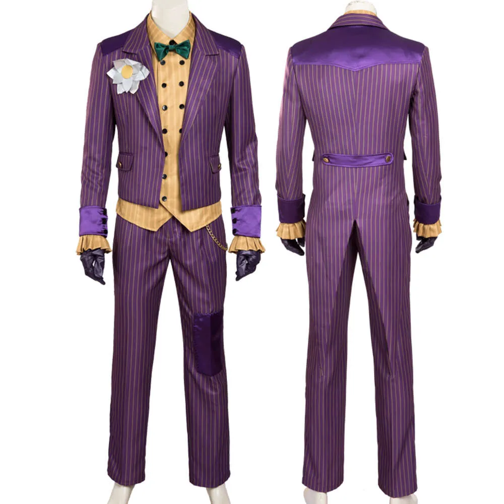 Cosplay Game Arkham Knight Joker Cosplay Outfit Halloween Stripes Suple Purple Costume With Corsage Yellow Shirt Custom Made Made